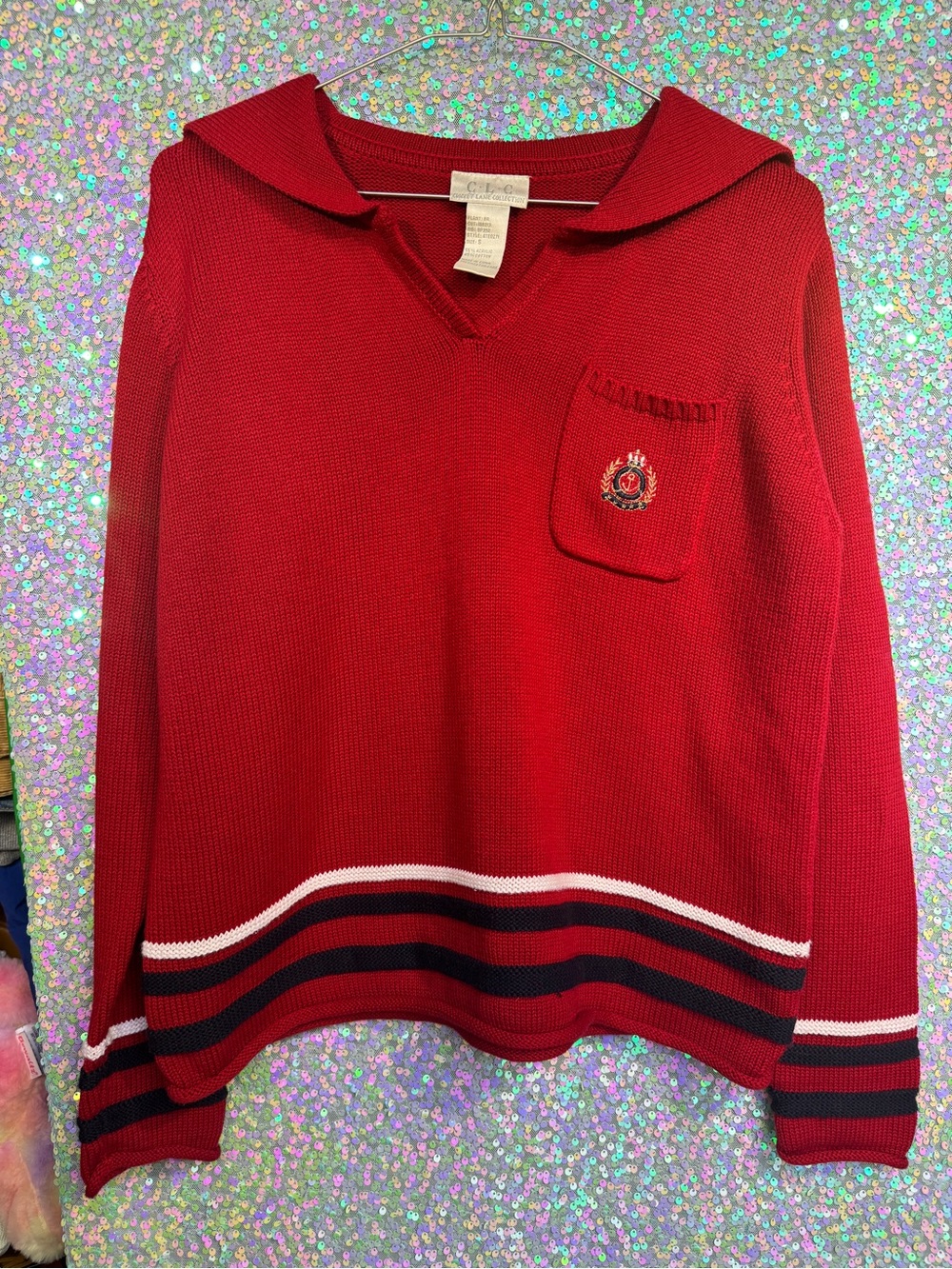 VTG Cricket Lane Collection Red Knit V-Neck Sailor Collar Sweater